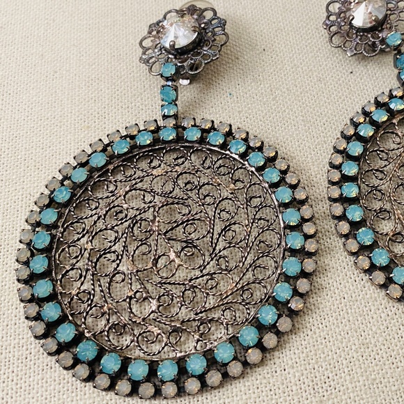 Vintage 1980's NIKOLAS FRANGOS Filigree Rhinestone OVERSIZED Clip On Earrings 4" - Picture 3 of 14